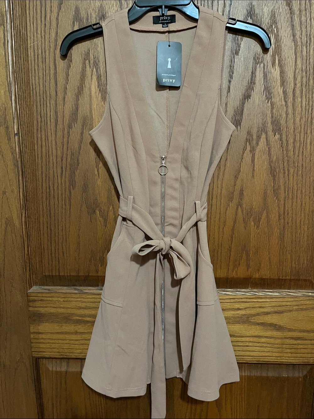 privy Taupe Zip-Front Sleeveless Belted Mini Dress